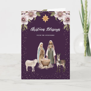 Purple Christian Baby Jesus Nativity Scene Holiday Card