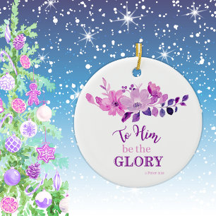 Purple Christian Scripture Quote Floral Ceramic Ornament