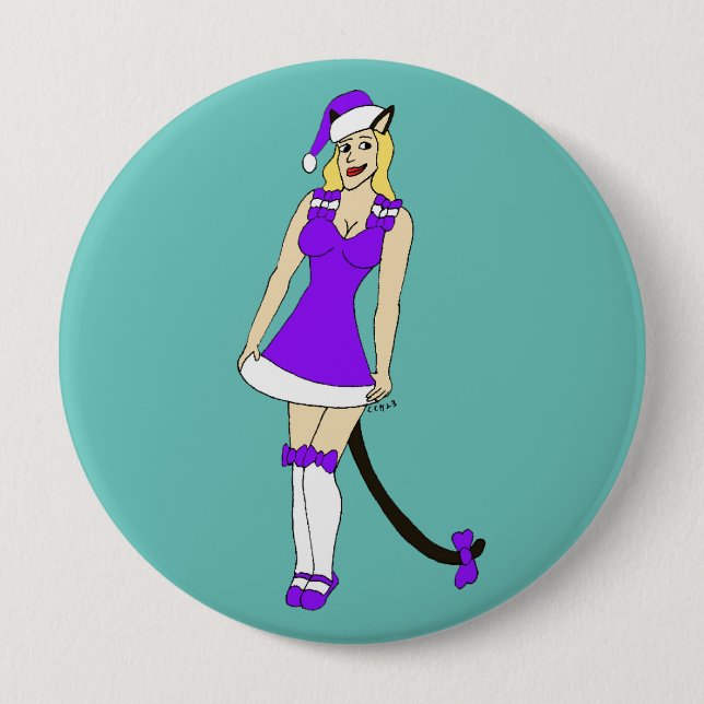 Purple Christmas catgirl Button (Front)
