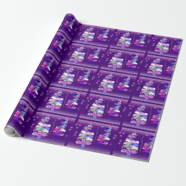 Purple Christmas Collage Trees Wrapping Paper (Unrolled)