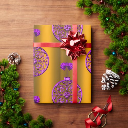 Purple Christmas Decorations on Gold Wrapping Paper