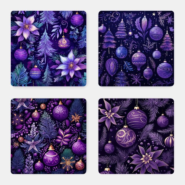 PURPLE CHRISTMAS HOLIDAY ORNAMENTS & TREES COASTER SET (Set)
