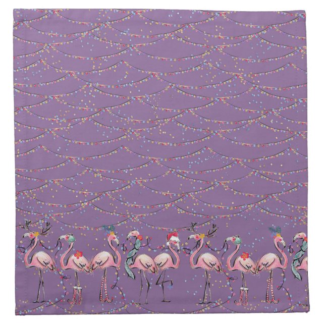 Purple Christmas Lights and Tropical Flamingos  Cloth Napkin (Front)