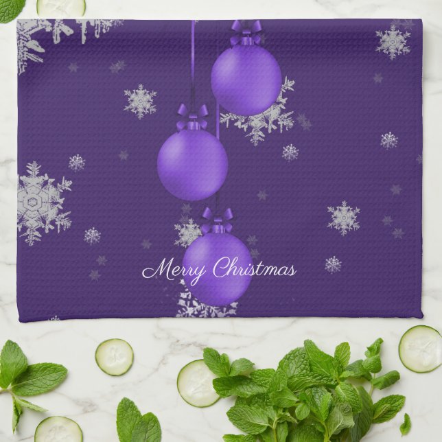 Purple Christmas Ornaments Kitchen Towel (Folded)