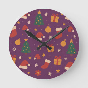 Purple Christmas Pattern Aesthetic – Cute Holiday Round Clock
