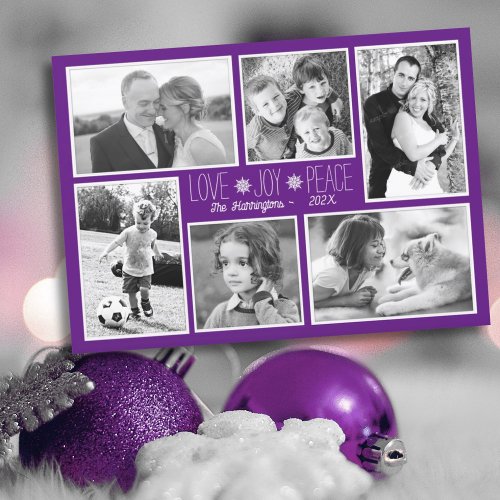 Purple Christmas Photo Collage Love Joy Card