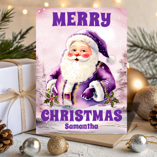 Purple Christmas Santa Claus kids Holiday Card