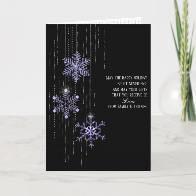 purple Christmas snowflakes on black Holiday Card (Front)