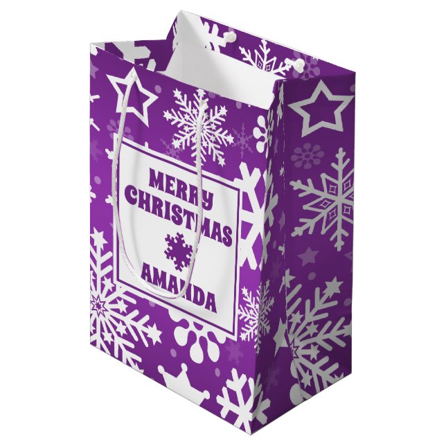 Purple Christmas Snowflakes Personalized Kids Medium Gift Bag (Front Angled)