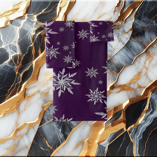Purple Christmas stars with white ice crystal Bath Towel Set
