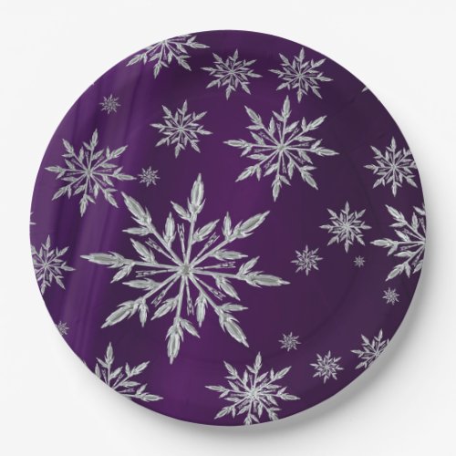 Purple Christmas stars with white ice crystal Paper Plates
