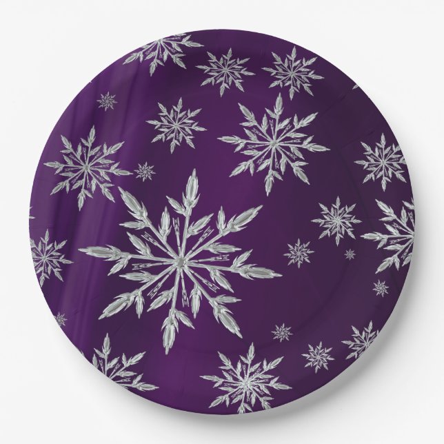 Purple Christmas stars with white ice crystal Paper Plates (Front)