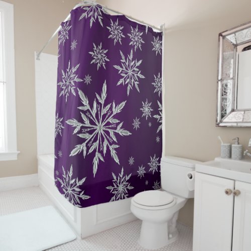 Purple Christmas stars with white ice crystal Shower Curtain