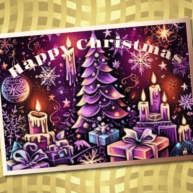 Purple Christmas Theme Hard Pastel Drawing Foil Holiday Card (Creator Uploaded)