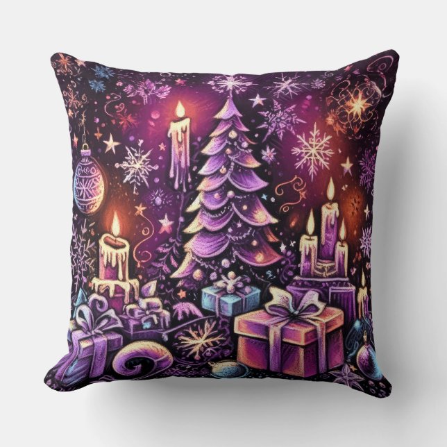 Purple Christmas Theme Hard Pastel Drawing Throw Pillow (Front)