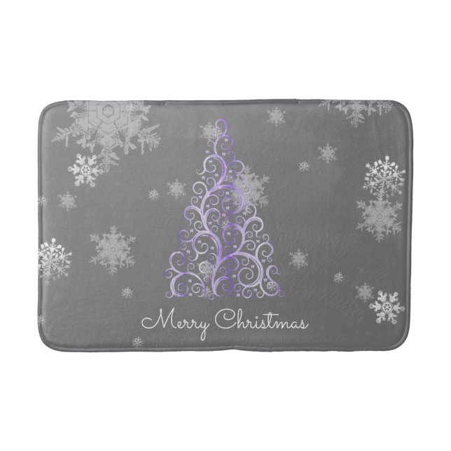 Purple Christmas Tree and Snowflakes Bath Mat (Front)
