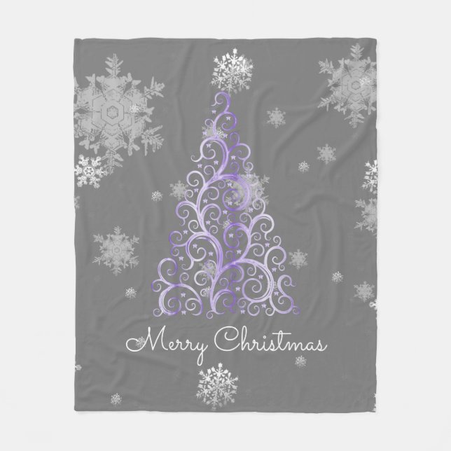 Purple Christmas Tree and Snowflakes Fleece Blanket (Front)