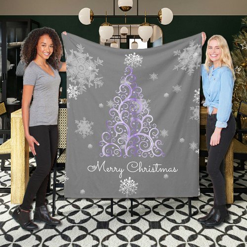 Purple Christmas Tree and Snowflakes Fleece Blanket