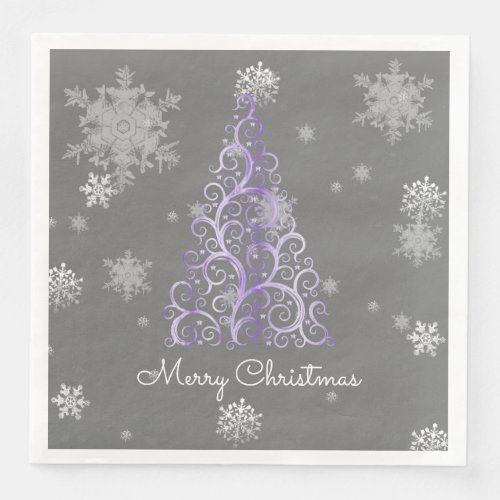 Purple Christmas Tree and Snowflakes Paper Napkin