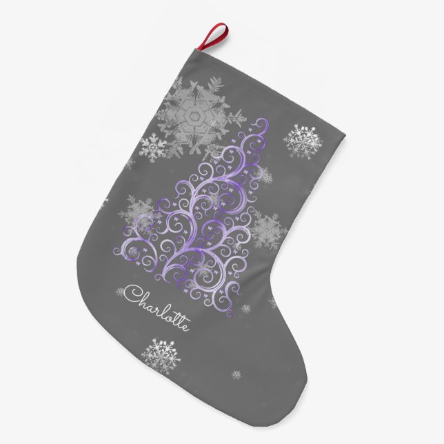 Purple Christmas Tree and Snowflakes Stocking (Front (Hanging))