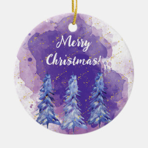 Purple Christmas Tree Golden Snowflakes Ceramic Ornament