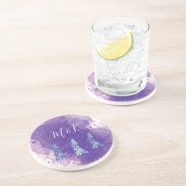 Purple Christmas Tree Golden Snowflakes Coaster (Side)