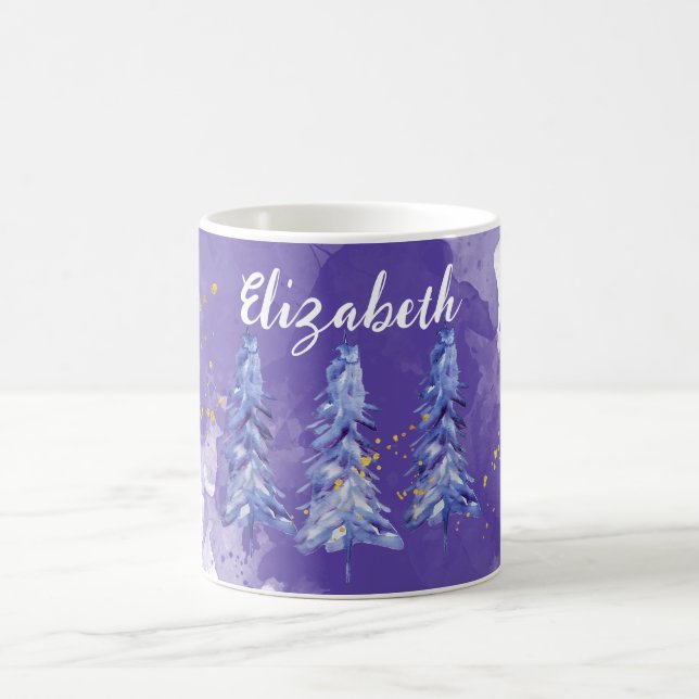 Purple Christmas Tree Golden Snowflakes Coffee Mug (Center)