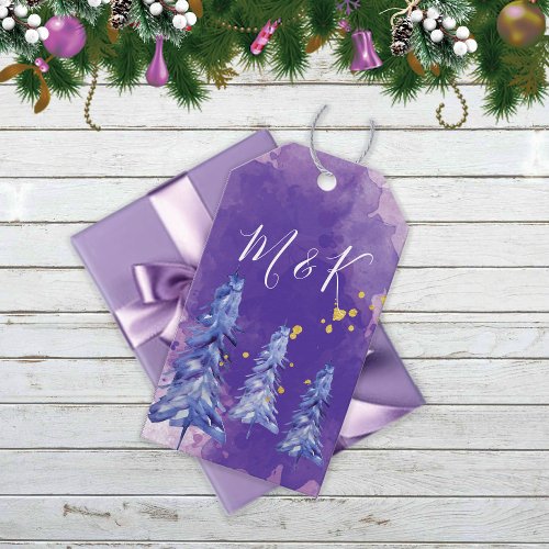 Purple Christmas Tree Golden Snowflakes Gift Tags