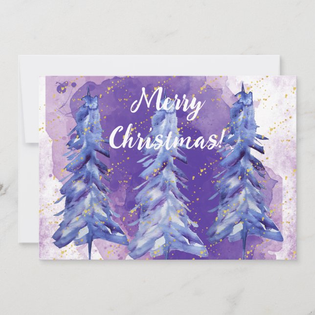 Purple Christmas Tree Golden Snowflakes Holiday Card (Front)