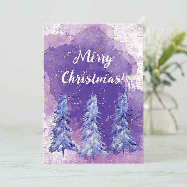 Purple Christmas Tree Golden Snowflakes Holiday Card (Standing Front)