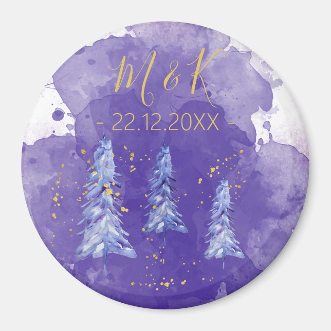 Purple Christmas Tree Golden Snowflakes Magnet (Front)