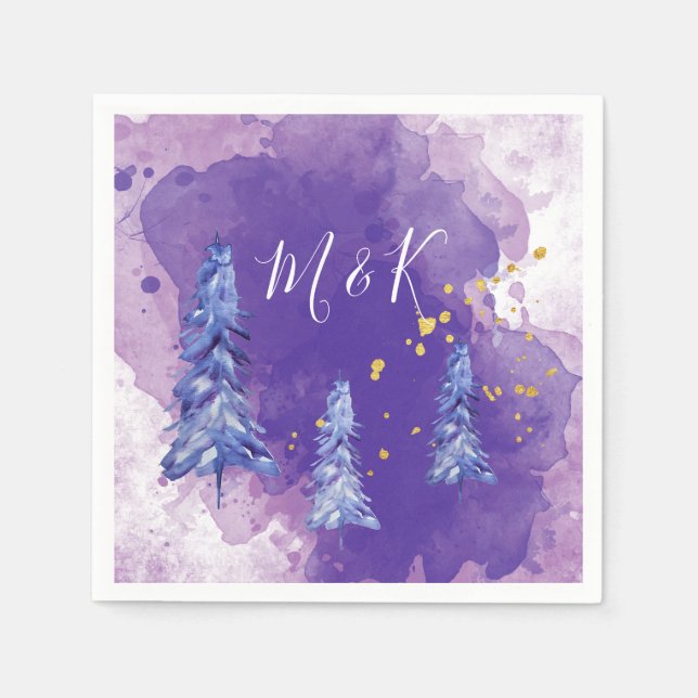 Purple Christmas Tree Golden Snowflakes Napkins (Front)