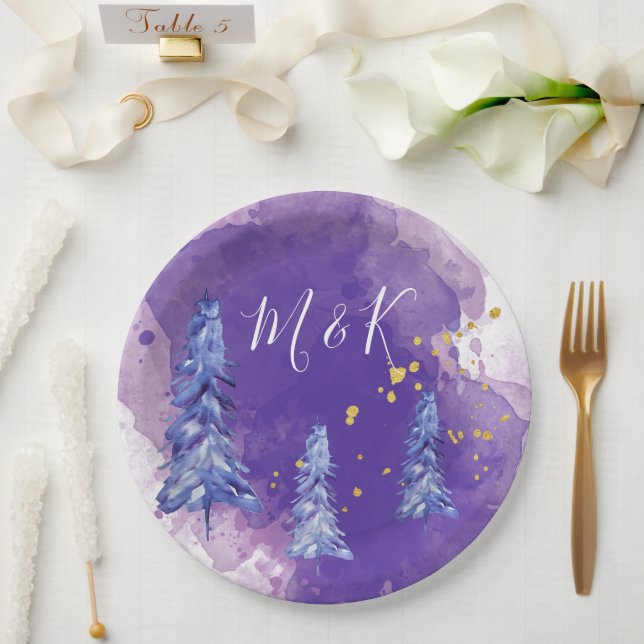 Purple Christmas Tree Golden Snowflakes Paper Plates (Wedding)