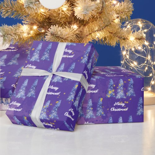 Purple Christmas Tree Golden Snowflakes Wrapping Paper