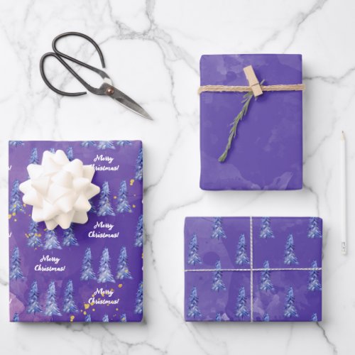 Purple Christmas Tree Golden Snowflakes Wrapping Paper Sheets