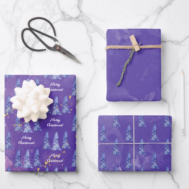 Purple Christmas Tree Golden Snowflakes Wrapping Paper Sheets (Front)