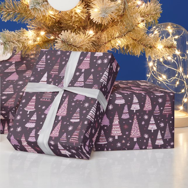 Purple Christmas Trees Snowflakes Blue Christmas Wrapping Paper (Holidays)