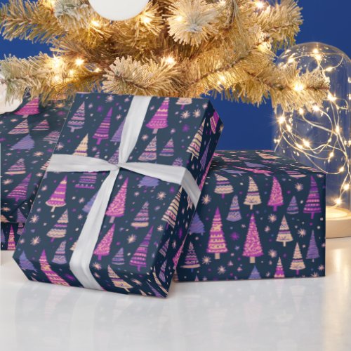 Purple Christmas Trees Snowflakes Blue Christmas Wrapping Paper