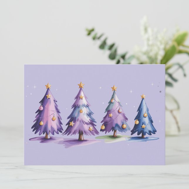 Purple Christmas Trees Winter Holiday Card (Standing Front)