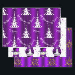 Purple Christmas Wrapping Paper Sheets<br><div class="desc">This purple Christmas wrapping paper set features three very distinct purple patterns for your Christmas gift wrapping: a contemporary pattern of white Christmas trees with the words 'Be Merry' in white scattered around very modern-looking white Christmas trees, the second sheet has an adorable pattern of little snowmen dressed in purple...</div>