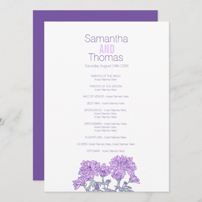Purple chrysanthemum wedding program rack card (Front/Back)