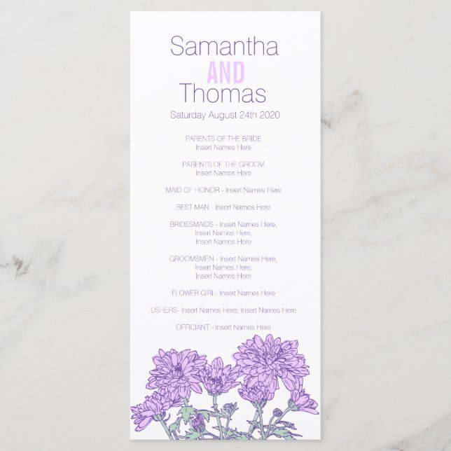 Purple chrysanthemum wedding program rack card (Front)