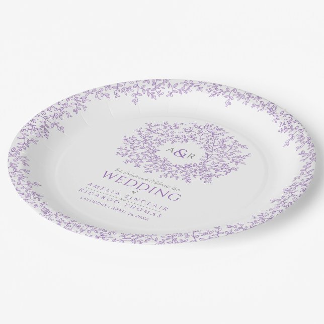 Purple circle leaf drawing monogram wedding paper plates (Angled)
