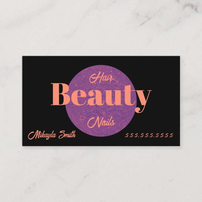 Purple Circle on Black Beauty Style Hair Nails Business Card (Front)