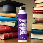 Purple Class of 2024 Personalized Graduation Water Bottle<br><div class="desc">This classic purple custom senior graduate water bottle features bold white typography reading class of 2024 in varsity letters for a high school or college graduation party keepsake gift. Customize with your name in elegant cursive script underneath for a great commemorative favor.</div>