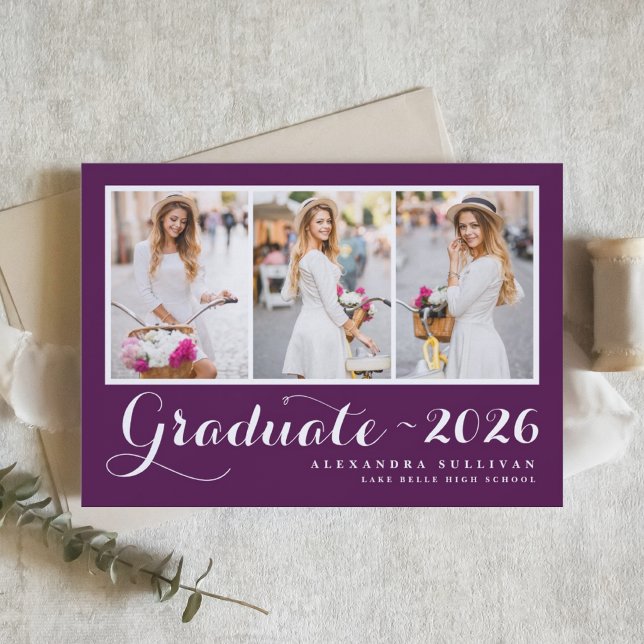 Purple Class of 2026 Photo Collage Graduation Invitation (Customizable photo collage graduation invitation featuring modern typography. )