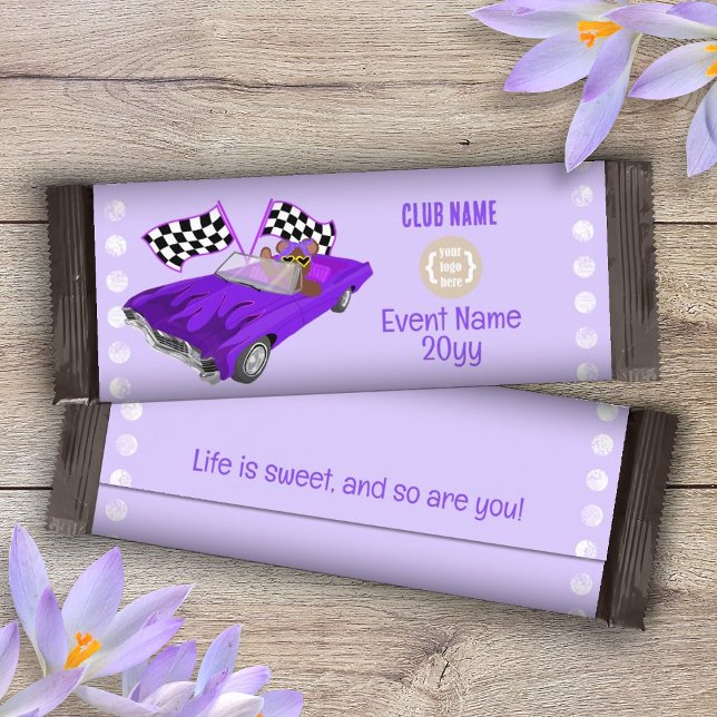 Purple Classic Car, Teddy Bear Candy Bar Wrapper (teddy bear classic car purple party favor candy bar wrapper personalized diy chocolate label w/ logo)