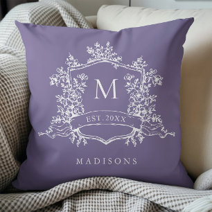 Purple Classic Floral Crest Monogram Throw Pillow