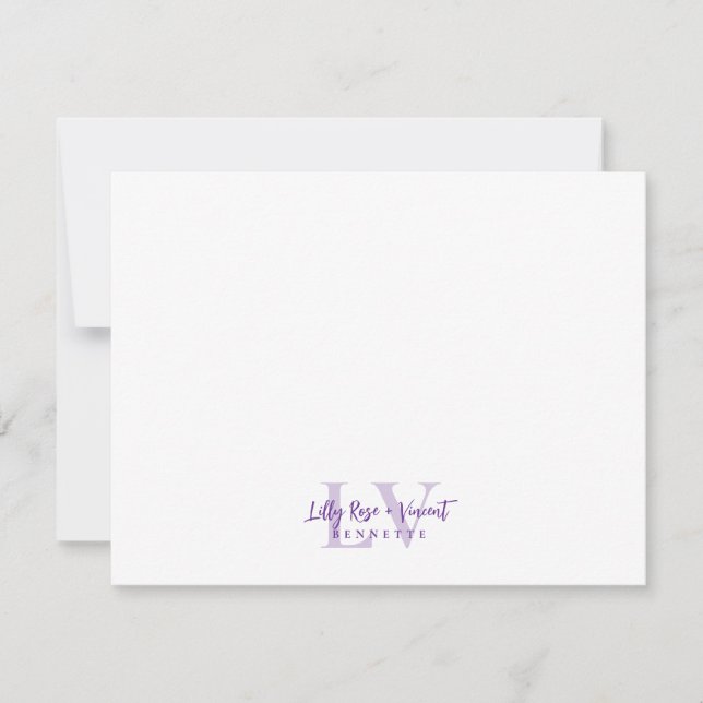 Purple Classic Monogram Couple Custom Wedding Note Card (Front)