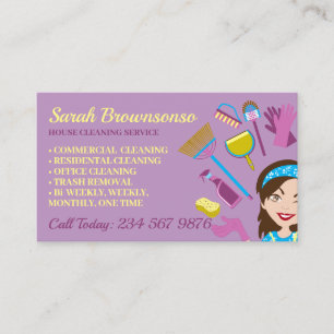 Purple Clean Janitorial Lady House Cleaning Business Card
